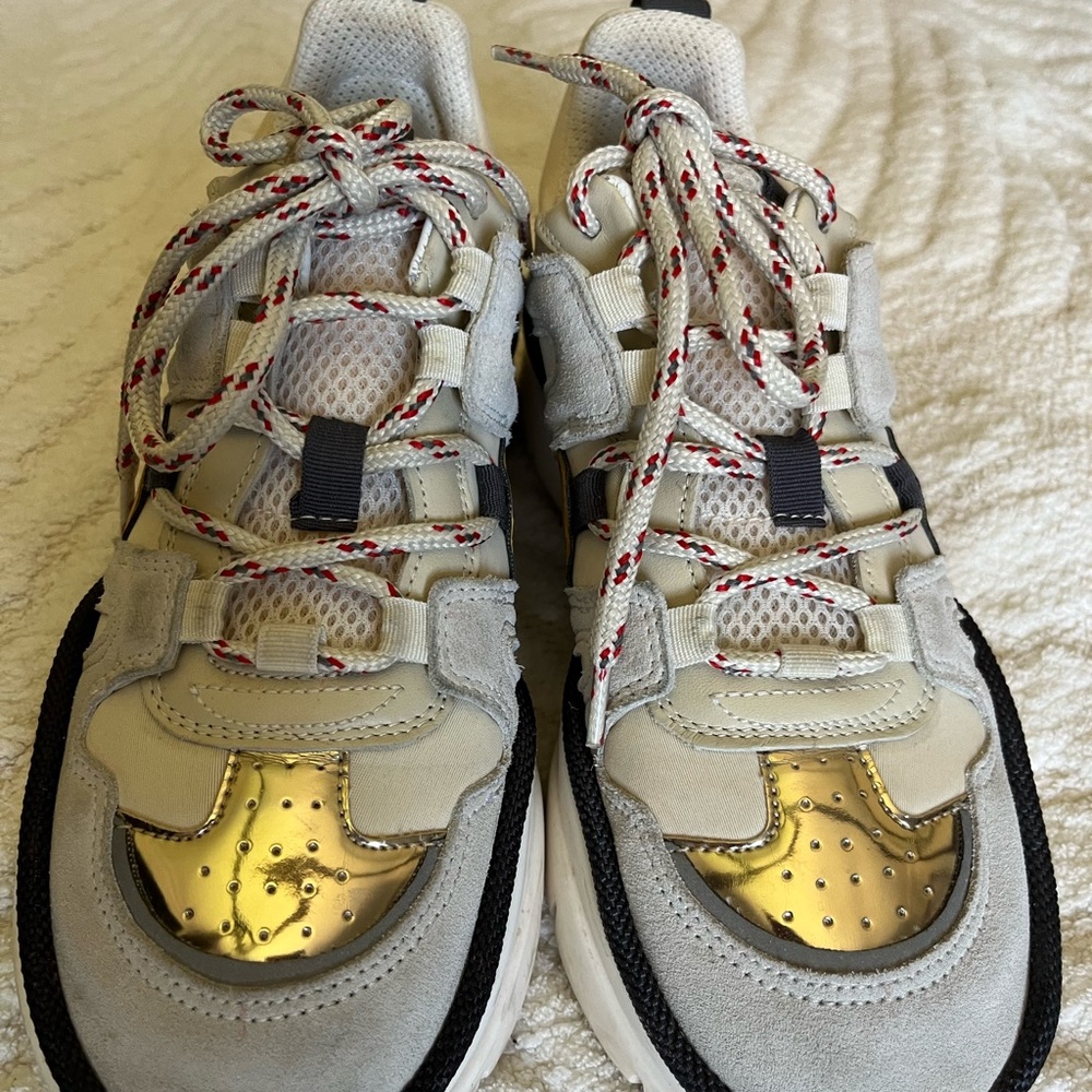 Isabel Marant Metallic Gold Accent Gray and Black Athletic Sneakers